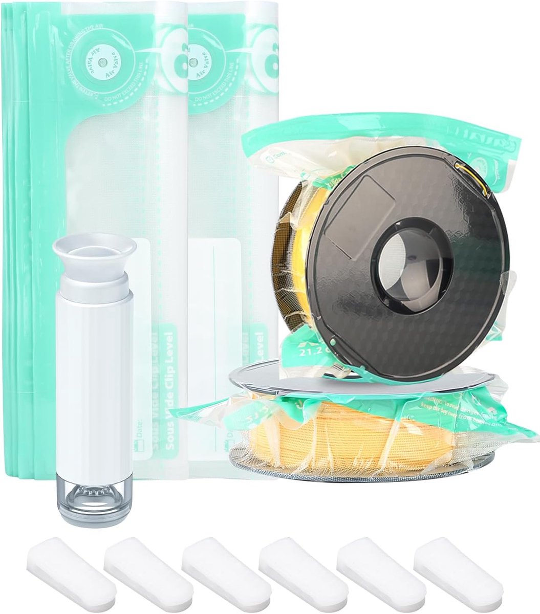 3D-printer filament vacuümzakkit, 22 stuks filament opslag transparant, 1 handpomp, 6 afdichtingsclips, polylactide, 1,75, 2,85, 3 millimeter