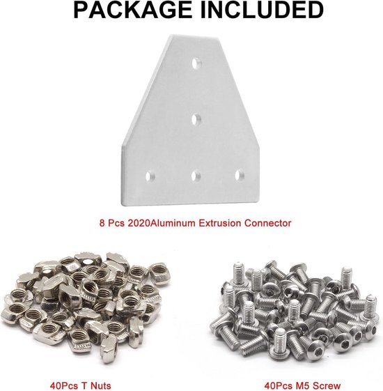 Verbinder 20x20 Profilverbinder Silber T 8 Stück mit 40Stück M5-Muttern, 40Stück M5-Schrauben, für 3D-Drucker, Graviermaschine — afbeelding 5
