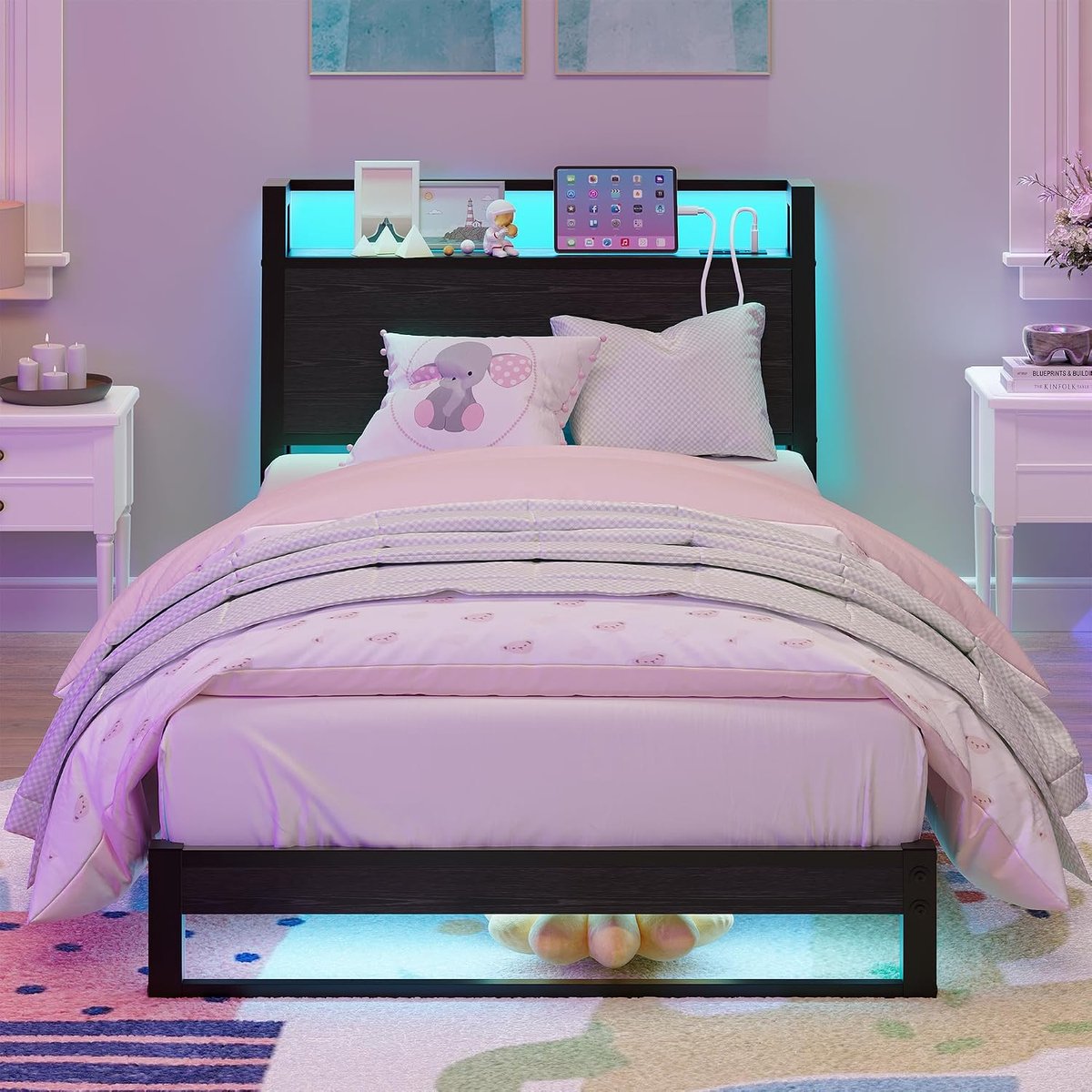 90 x 200 cm met ergonomisch hoofdeinde met opbergruimte, eenpersoonsbed van metaal, bedframe met laadstation en ledverlichting, perfect voor slaapkamer
