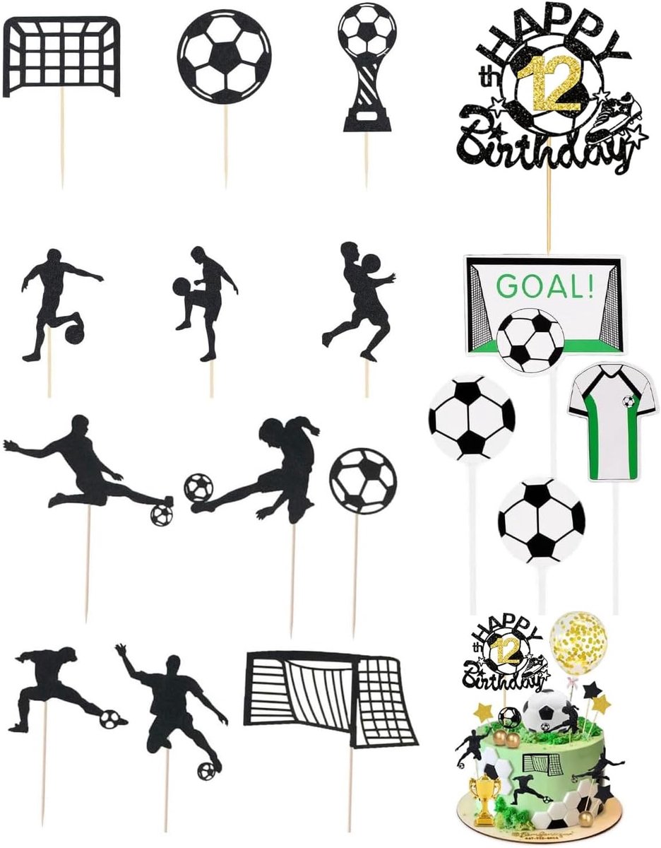 taartdecoratie, 12 jaar oud taarttoppers voetbal, voor verjaardag kinderen, jongen thema, voetbal verjaardagstaart figuren