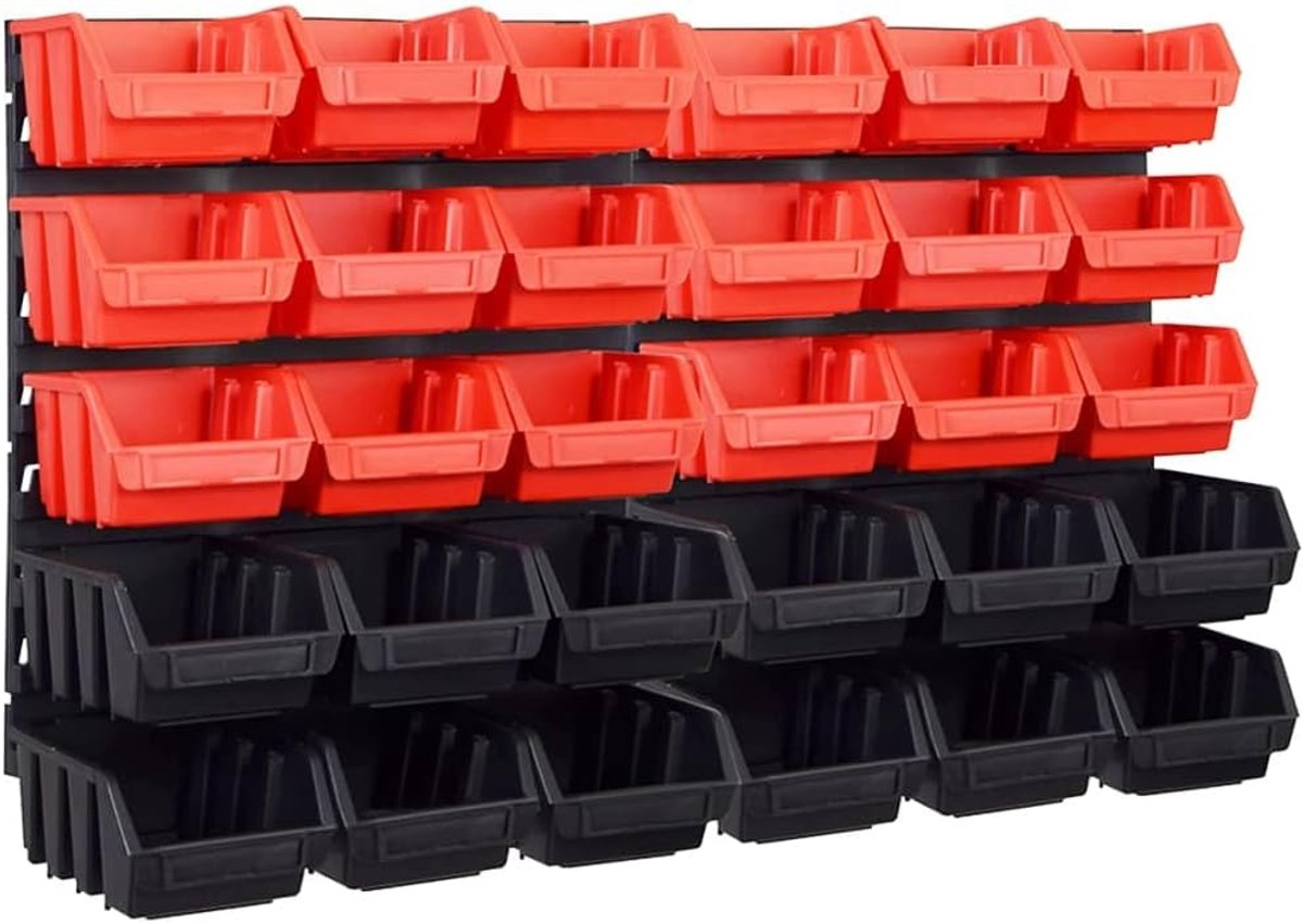 32-delige opbergkastenset werkplaatswandrek met 30 stapelboxen voor garage en kelder voor opslag van kleine onderdelen