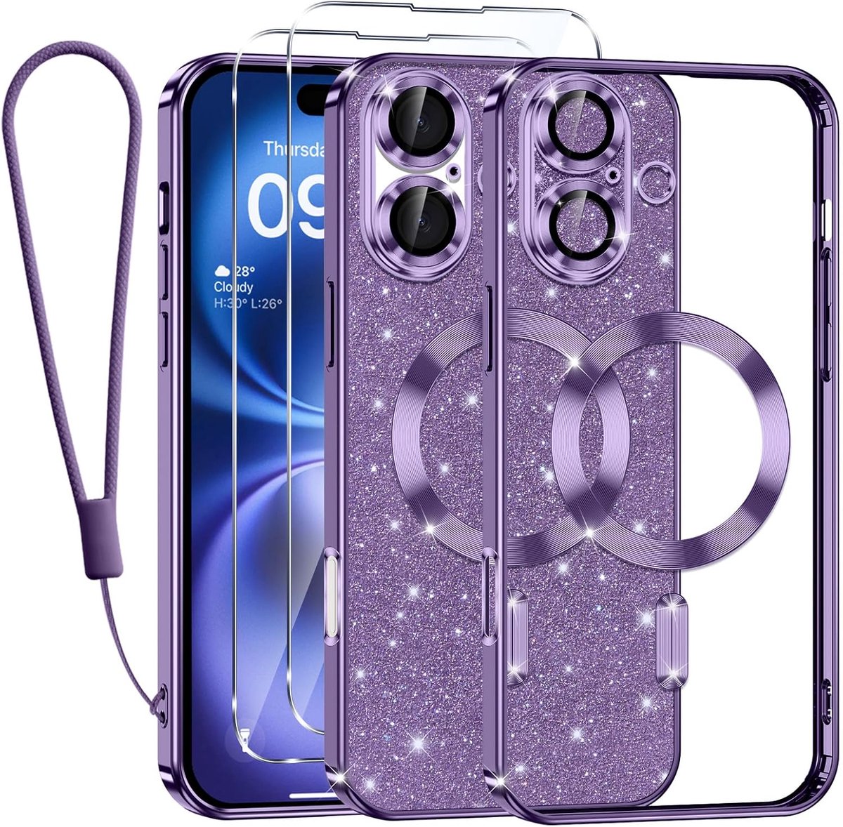Magnetische beschermhoes voor iPhone 16 Plus met band, compatibel met MagSafe, glitter, dunne TPU-siliconen schokbestendig, beschermhoes voor iPhone 16 Plus met 2 gehard glas, paars