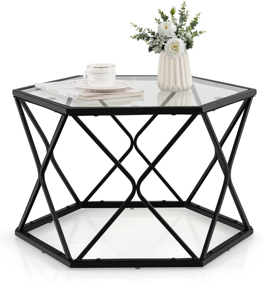Geometrisch Glas Salontafel, Hexagonale Eindtafel met Gehard Glas Bovenkant & Metalen Poten, Moderne Accent Salontafel voor Woonkamer, Ontvangstkamer, Zwart