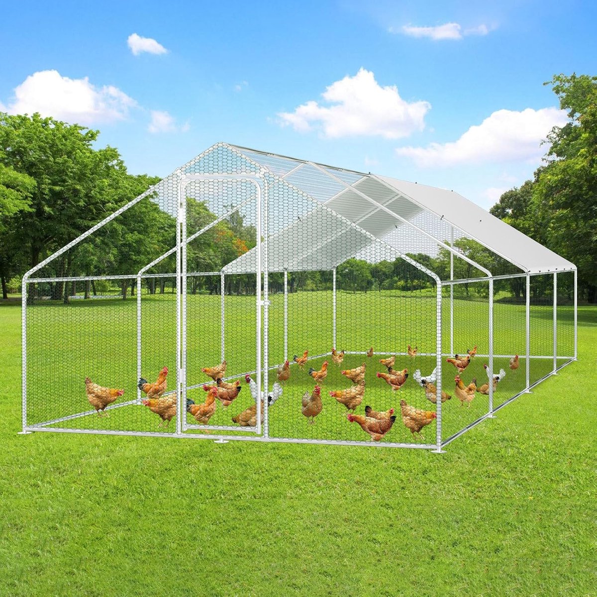 Kippenhok voor buiten, hok voor buiten, konijnen, verzinkt staal, kippenhok buiten, puntig dak met slot en waterdicht PE-weefsel, voor kippen, kleine dieren en planten (3 x 8 x 2 m)