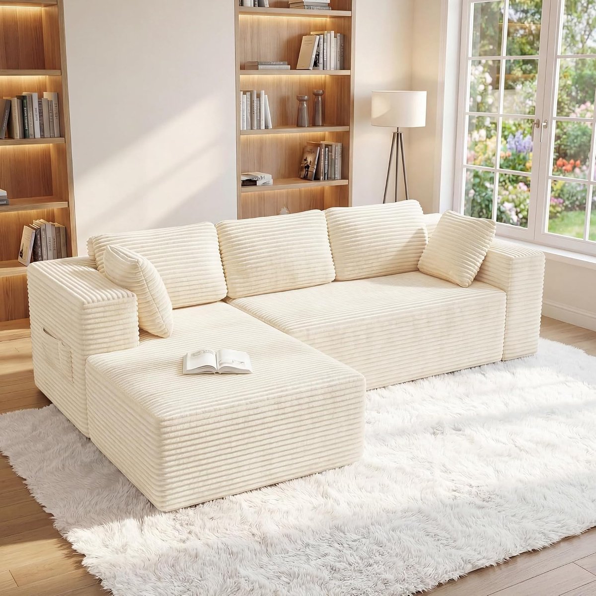 Hoekbank L-vormig Moduleerbaar, Omvormbare 3-Zitsbank, Corduroy Vloerbank, Slaapbank met Kussen, Luie Compressiebank voor Woonkamer, Slaapkamer, Logeerkamer,250 x 88 x 61 cm,Beige