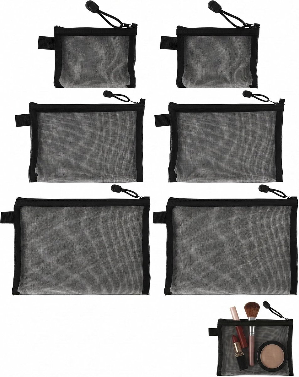 6 stuks zwarte mesh make-uptas (3 maten), transparant, draagbaar, met ritssluiting, voor reizen, opslag van cosmetica voor dames