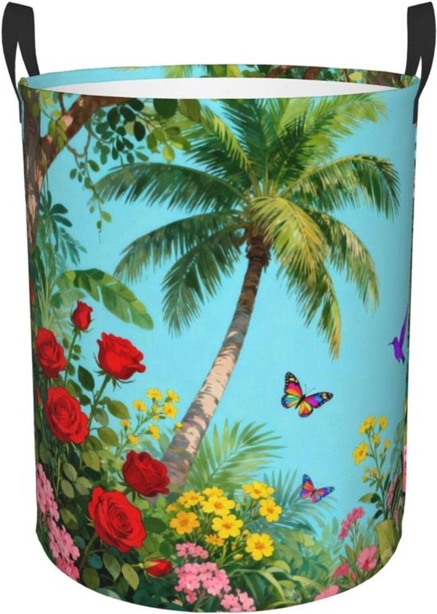 Wasmand Ronde Mand - Opbergbak Stof - Thuis Organiseren - Waterdichte Oxford Stof - 40x30 cm - Teal Bomen Bloemen