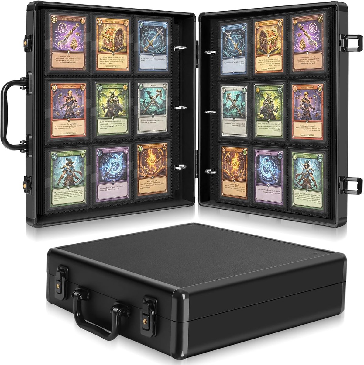 Toploader Kaartenbox met slot, voor 288 kaarten, 16 dubbelzijdige pagina's voor toploader | 9 vakken per pagina, compatibel met kaarten van 7,6 x 10,2 cm, zwart