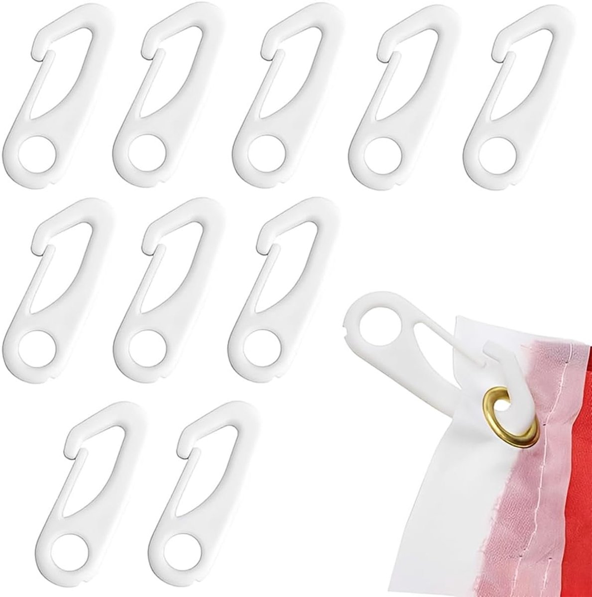 10 x karabijnhaken van nylon, voor het bevestigen van vlaggen aan de mast, wit