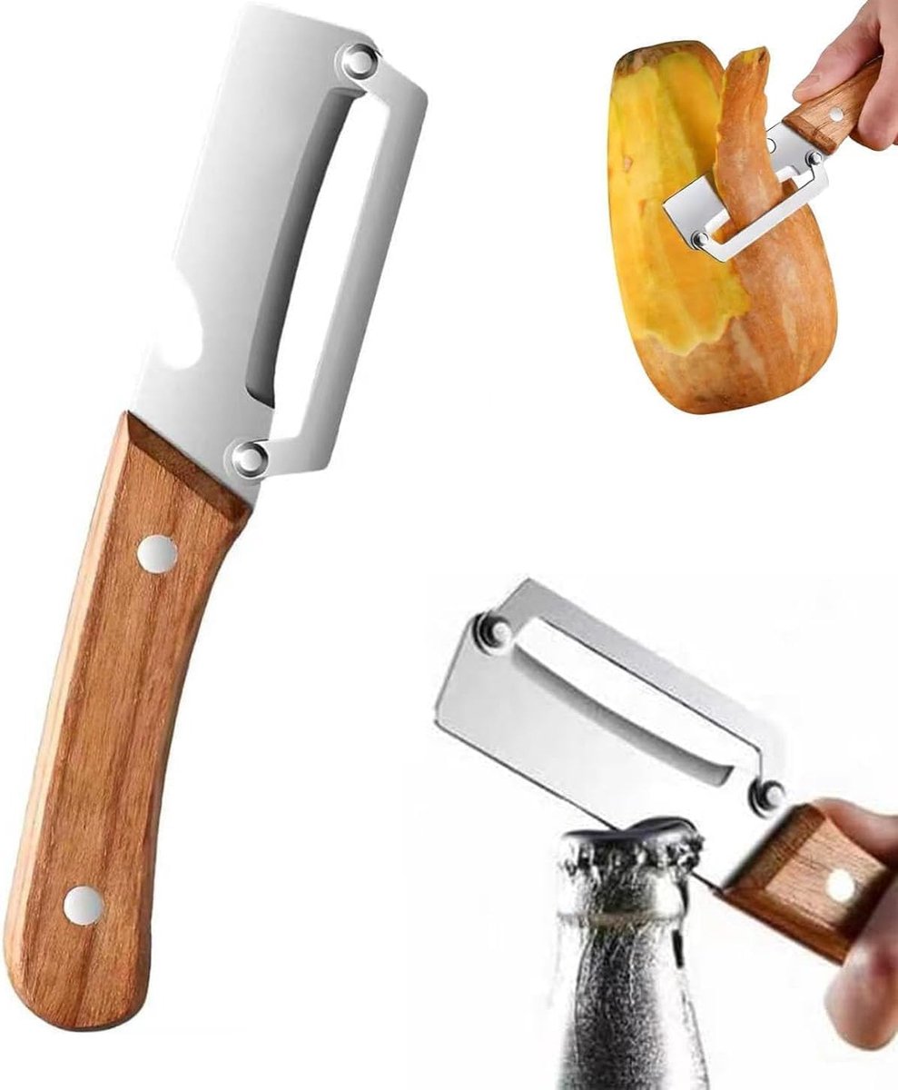 Groenteschaar 2 in 1 met Houten Greep en Flesopener, RVS Aardappelschiller voor Keuken, voor Komkommer, Tomaten, Wortelen, Pompoen (1 stukken)