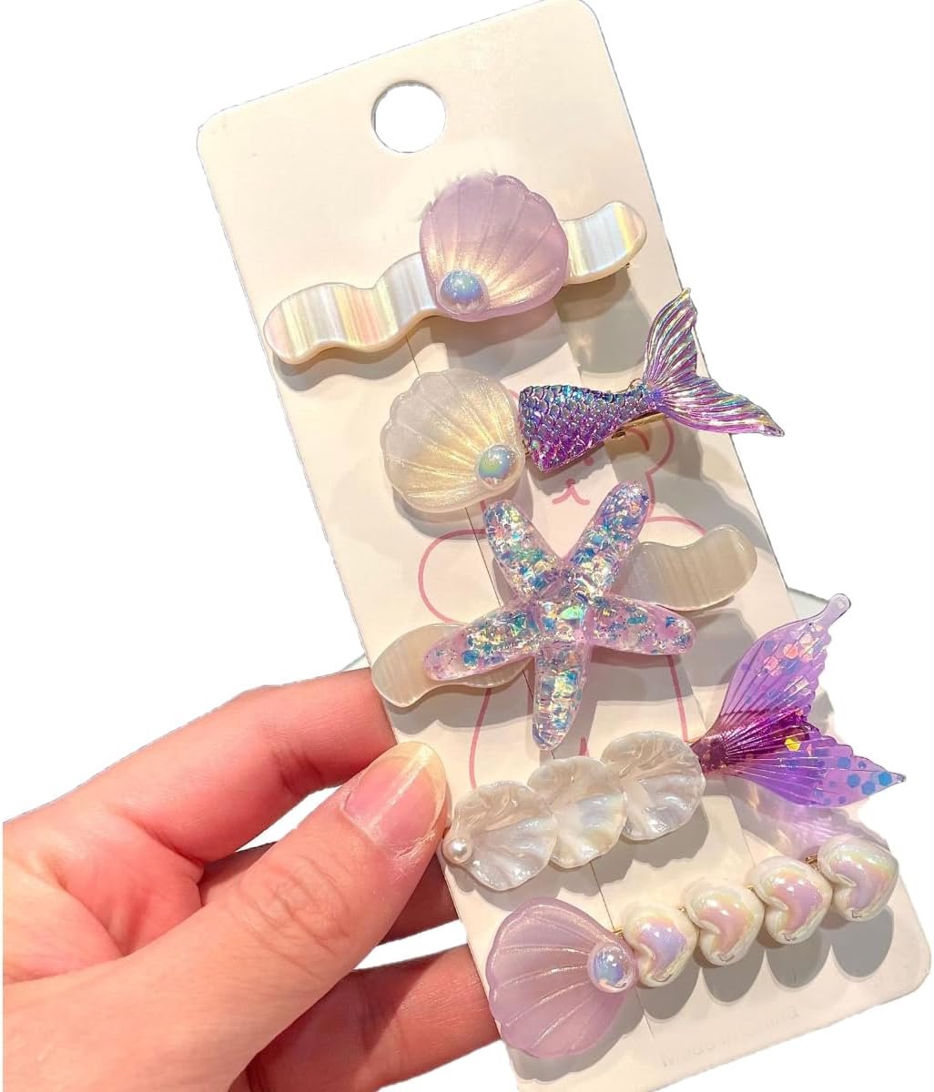 Haarspeldenset, oceaanthema haarclips met schelp, zeester en visstaart, parels glitter haarspelden, haaraccessoires, meisjes, dames (paars)