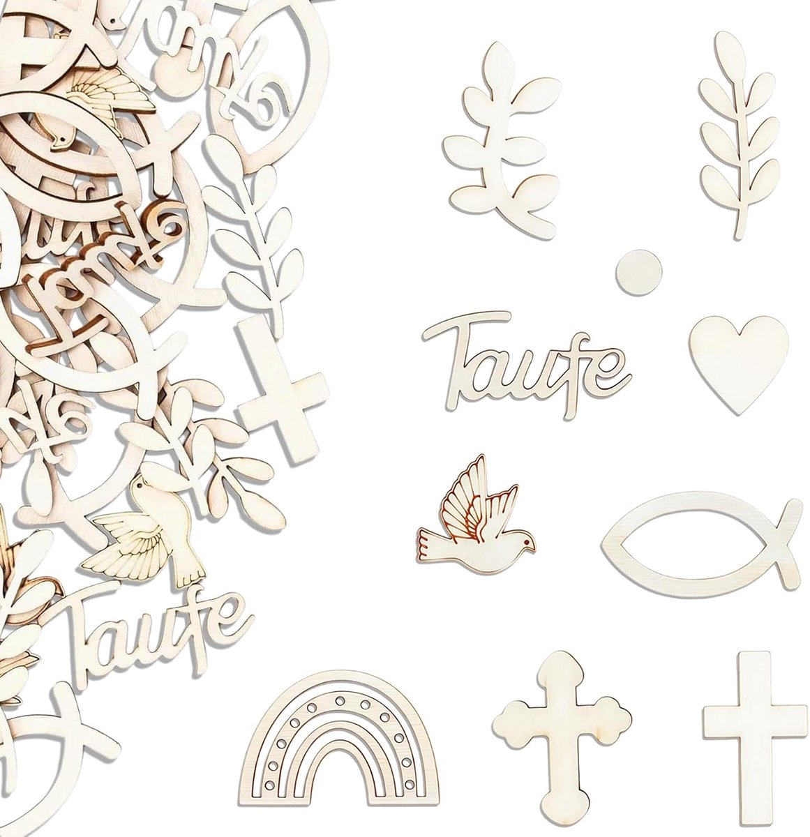 220 stuks strooidecoratie, decoratieve houten strooiset, 10 strooidecoraties, communie, religieuze motieven, doopdecoratie voor communie, vormsel en babyshower, houten vissen, duif