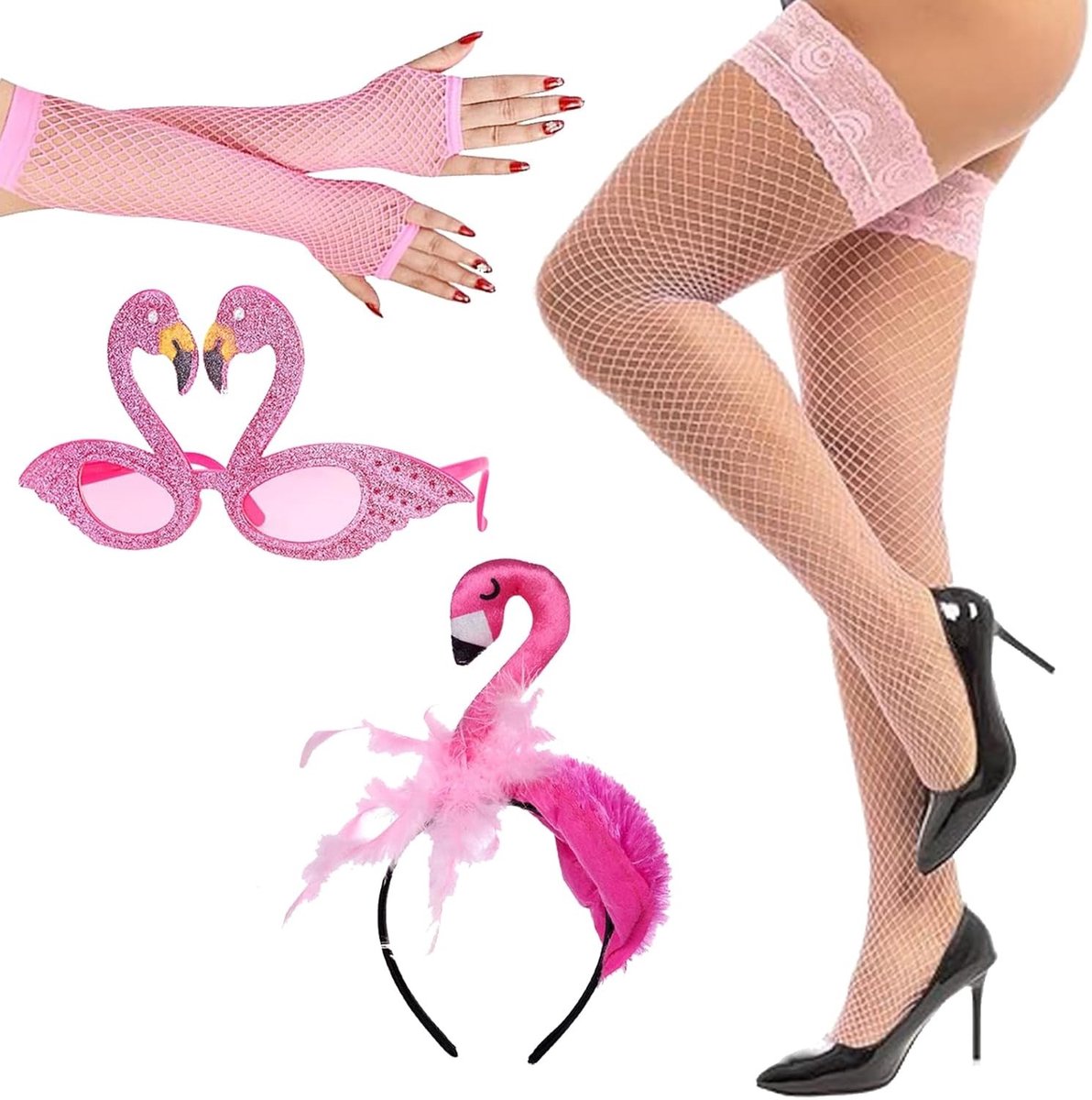 Flamingo Kostuum voor Vrouwen en Kinderen - Compleet Set met Hoofdband, Bril, Handschoenen en Ketting - Ideaal voor Hawaii Feest, Carnaval en Themaparty