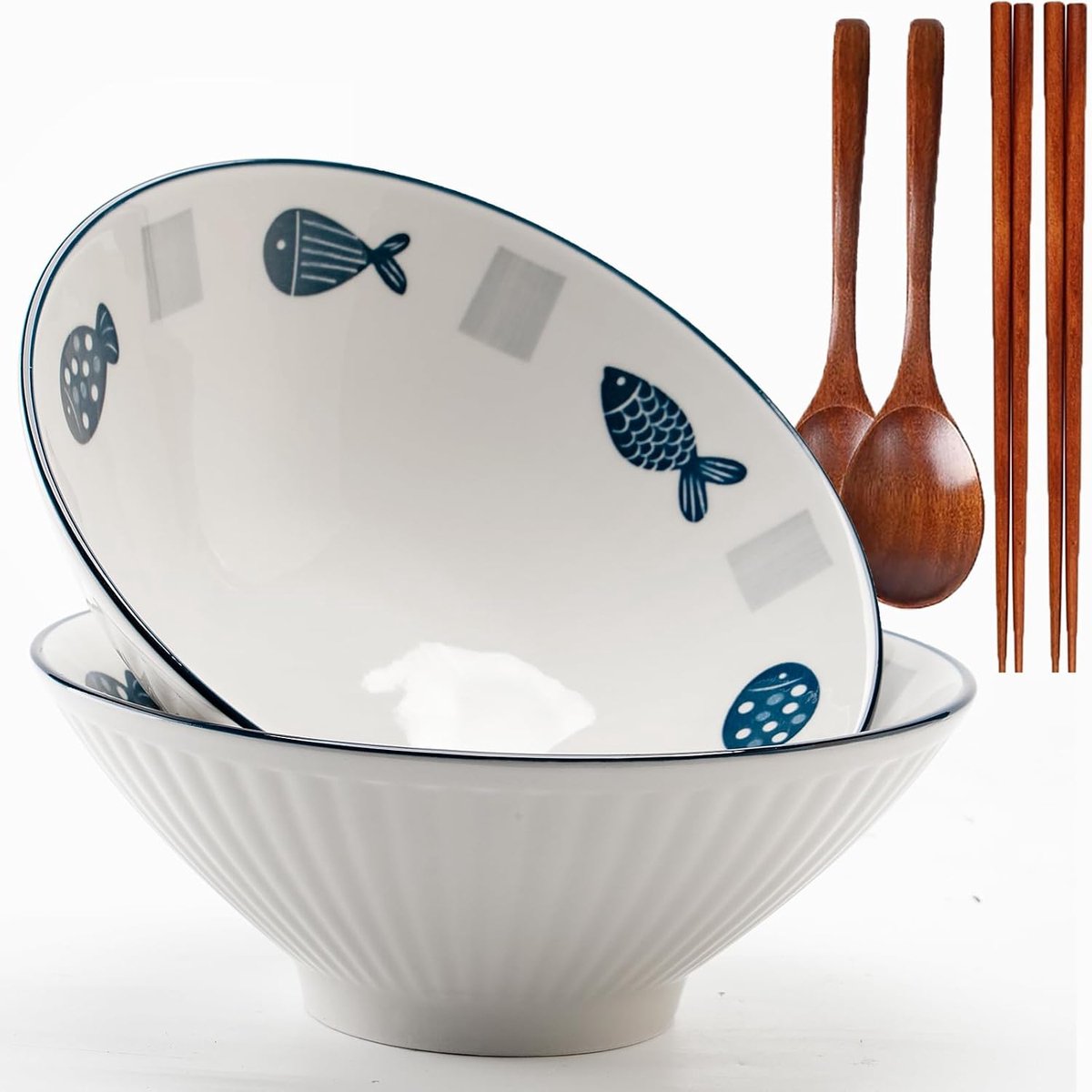 2 stuks Keramische Ramen Kommen, 1000 ml Ramen Bowl Set van 2, Japanse Keramische Kom, Ramen Kommen met Lepel & Eetstokjes, SaladBowl