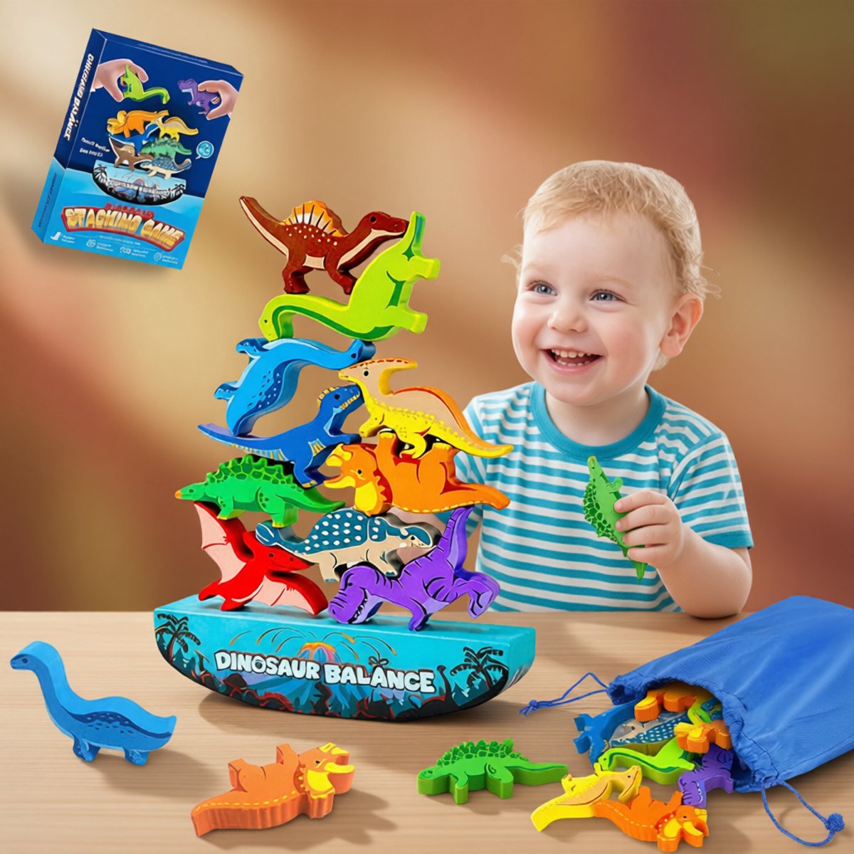 Houten Dinosaurus Balans Stapelspel - Montessori Bouwstenen met Opbergzak - Educatief Speelgoed voor Peuters 1-3 Jaar - Cadeau - Sinterklaas – Feestdagen