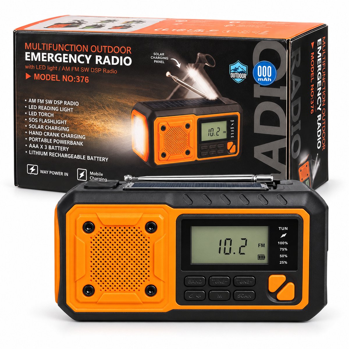 Noodradio met AAA-batterijoptie – USB-C & USB-A – 4000 mAh – Handslinger en Zonnepaneel – AM/FM/SW – Oranje Radio