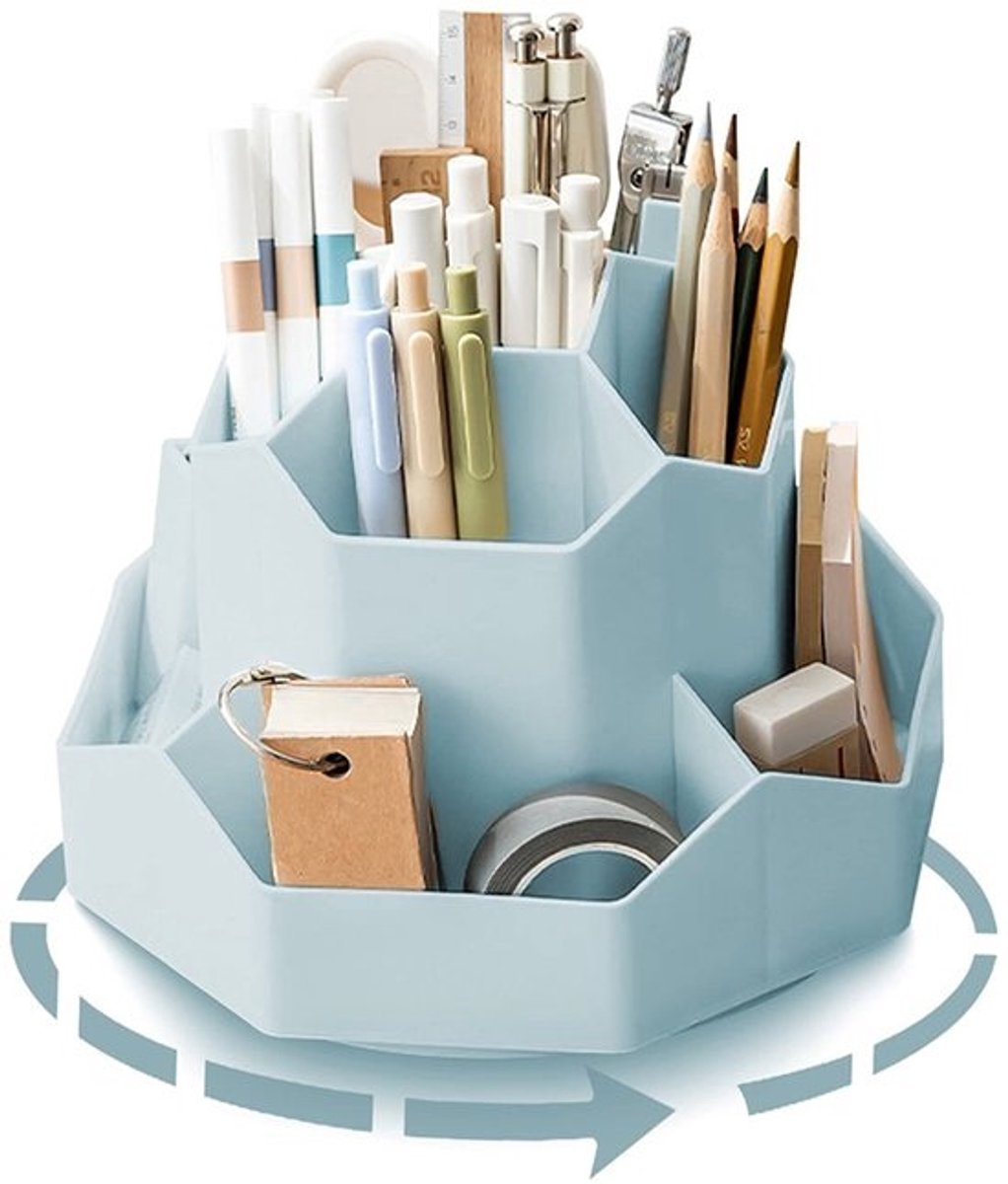 Gsedaox- Draaibare pennenhouder - Bureau organizer - Bureau opruimen - 9 aparte vakken - 17.8 x 13 cm - Blauw