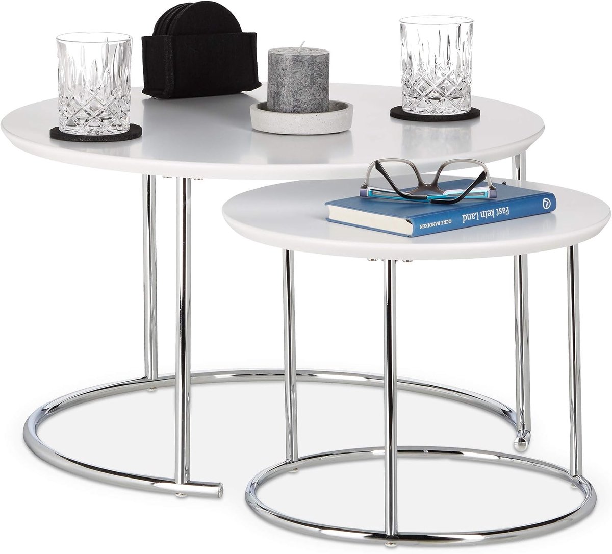 Ronde bijzettafels, set van 2 stuks, kleine matte salontafel, nesttafels, hout en metaal, verchroomd, 60 x 60 x 35 cm, wit