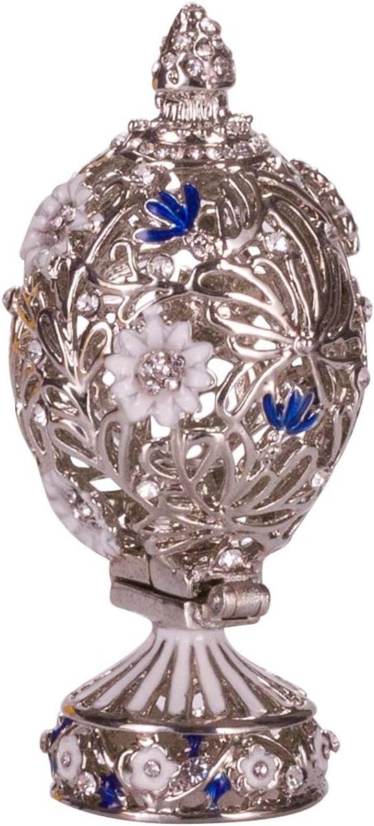 danila-souvenirs Faberge-stijl Gesneden ei met bloemen en vlinder 7 cm zilverkleur