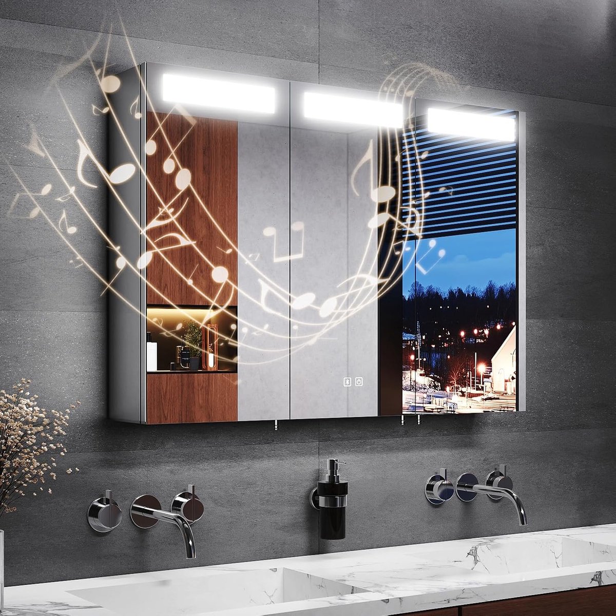 Spiegelkast voor badkamer, 90 x 65 x 13 cm, spiegelkast badkamer met verlichting met stopcontact, kleurtemperatuur instelbaar, roestvrij staal, ontsmettingsfunctie, dimbare lampen, bluetooth