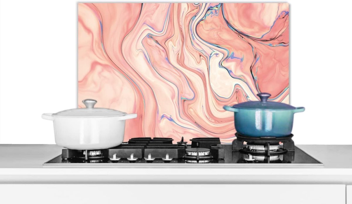 Spatscherm Keuken - 60x40 cm - Marmer - Pastel - Roze - Blauw - Marmerlook - Abstract