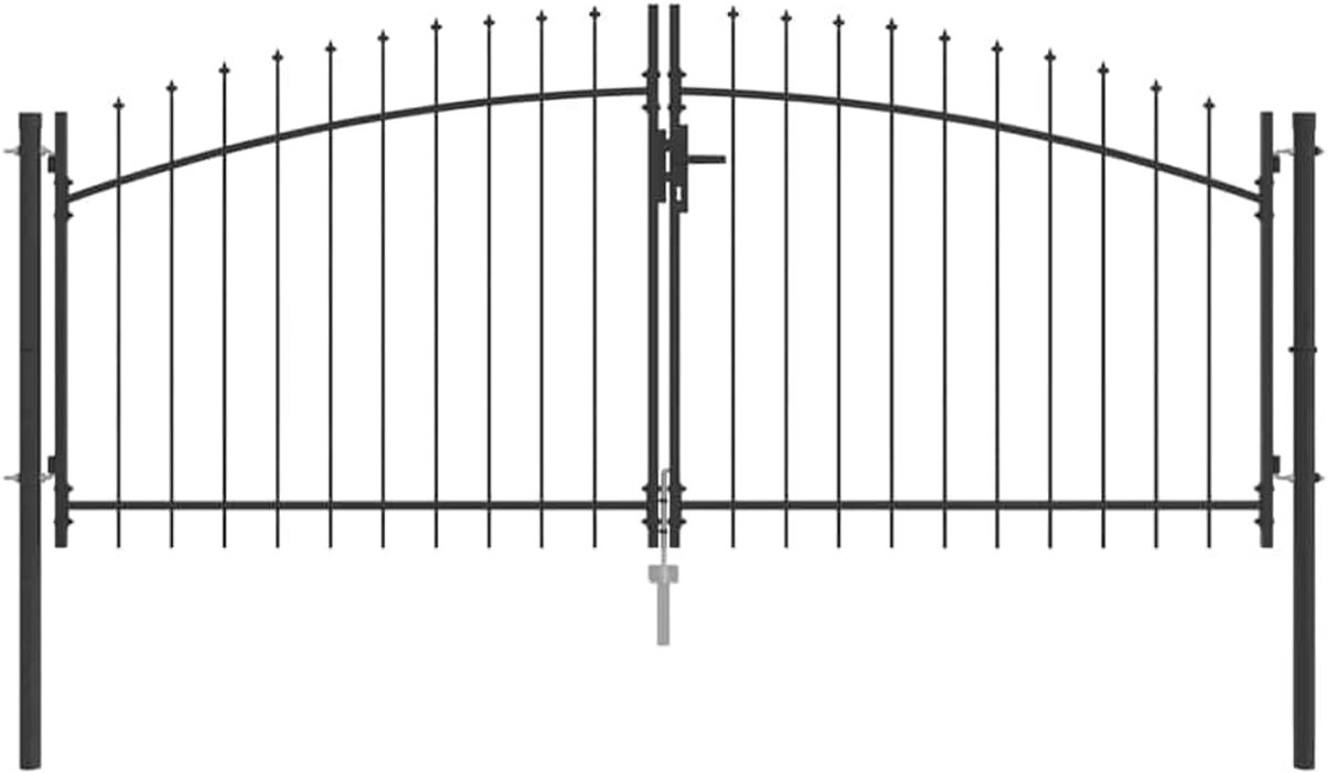 Dubbele poort met slot, grijs, 299,5 x 174,5 cm, staal, dubbel rooster met kanten design voor tuinen en ingangen, weerbestendig stalen design, veiligheidsfunctie