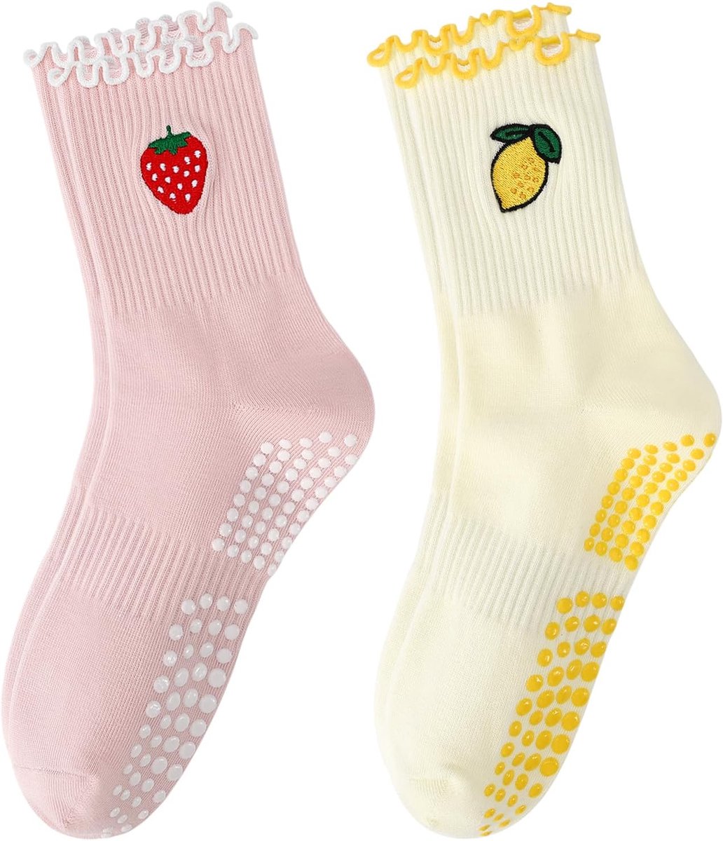 Sokken voor Vrouwen Cherry Avocado Perzik Aardbei Citroen Fruit Patronen Yoga Antislip Crew Sokken voor Fitness, Pure Barre, Ballet, Dans Workout
