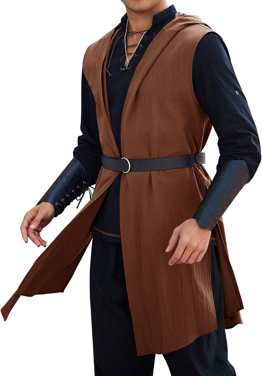 Renaissance kostuum heren middeleeuws mouwloze capuchon tuniek Viking vest cape Halloween carnaval cosplay bovenstuk vintage jas met capuchon