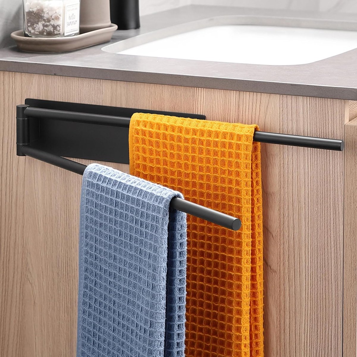 Handdoekhouder, zelfklevend, zonder boren, 2-armig draaibaar, 180 graden, zwart, mat, roestvrij staal, 304, wandmontage, voor badkamer en keuken