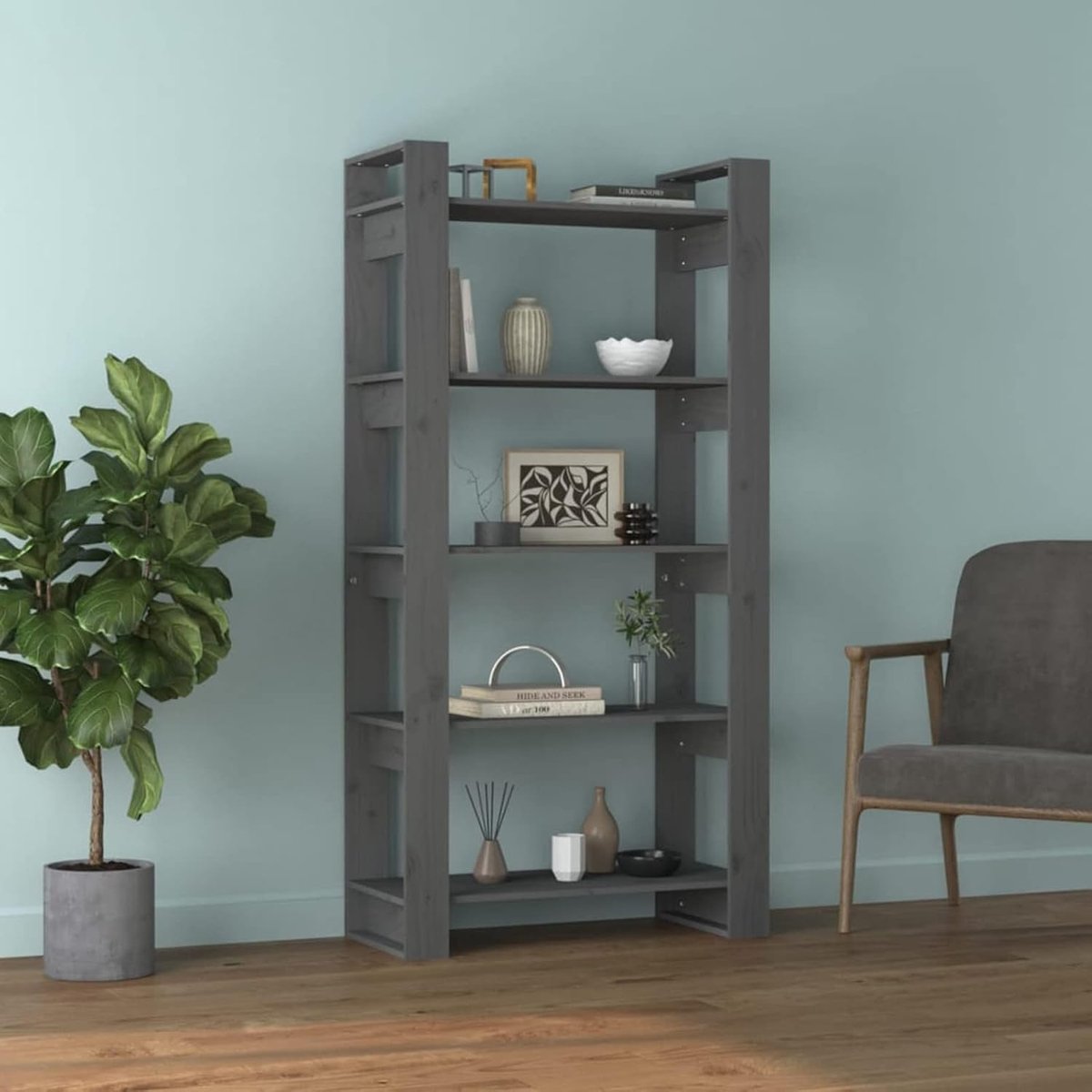Boekenkast, Boekenrek, Boekenplank, Ruimteverdeler, Met Vakken, Wandrek, Staande Kast, Archiefkast, Kantoorplank, Massief Hout, Grijs, 80 x 35 x 160 cm