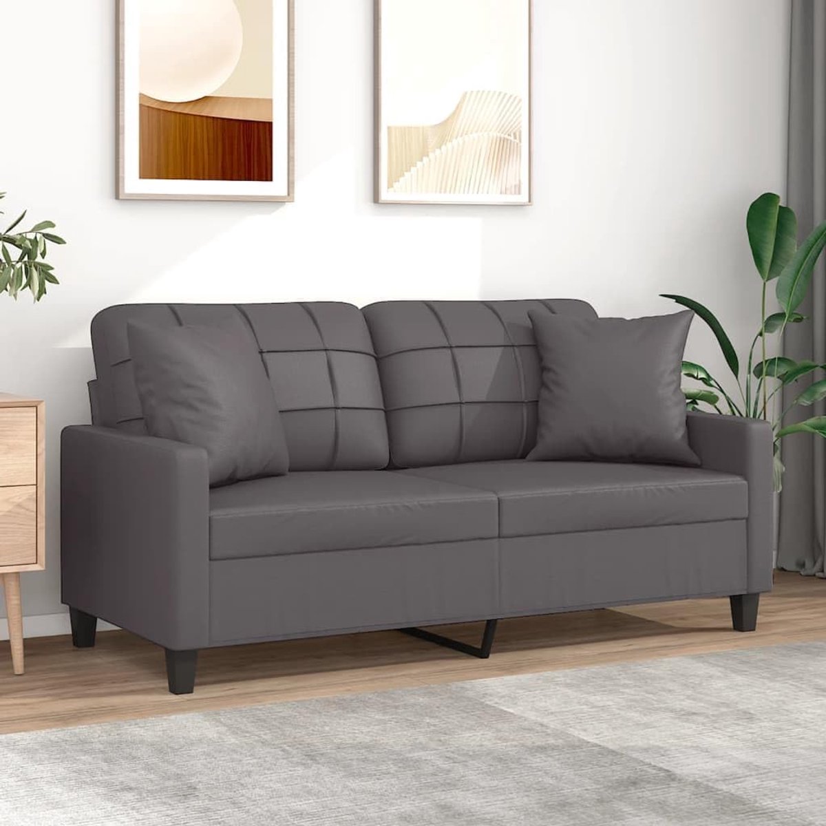 2-zitsbank met sierkussen, grijs, 140 cm, kunstleer, modern design, duurzaam metalen frame, comfortabele bekleding, voor woonkamer, zitmeubel