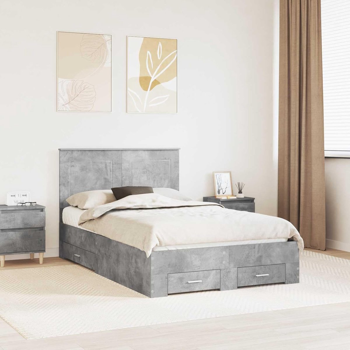 Opbergbedframe met hoofdeinde modern houtnerf Betongrijs 120x190 cm