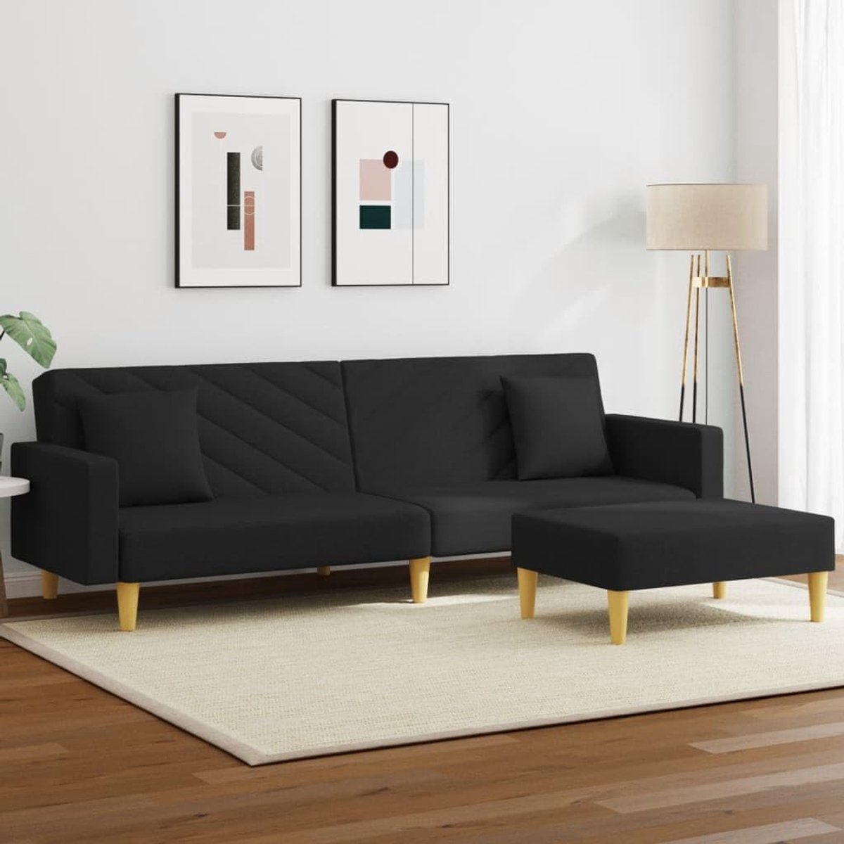2-zitsbank met kussen en voetensteun van zwarte stof, 2-zitsbank, gestoffeerde bank, moderne bank, woonkamer, hoekbank met chaise longue schiereiland
