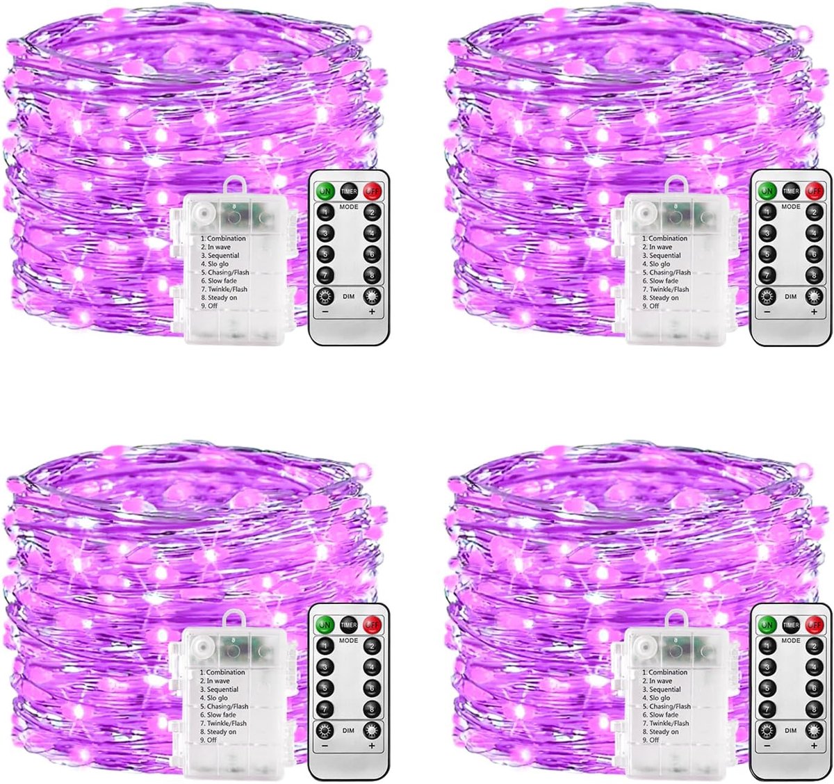 Lichtsnoer op batterijen, 100 leds, 10 m, 8 modi, afstandsbediening, timer, lichtsnoer, warmwit, dimbaar, met batterij, werkt op batterijen (4 Lila)