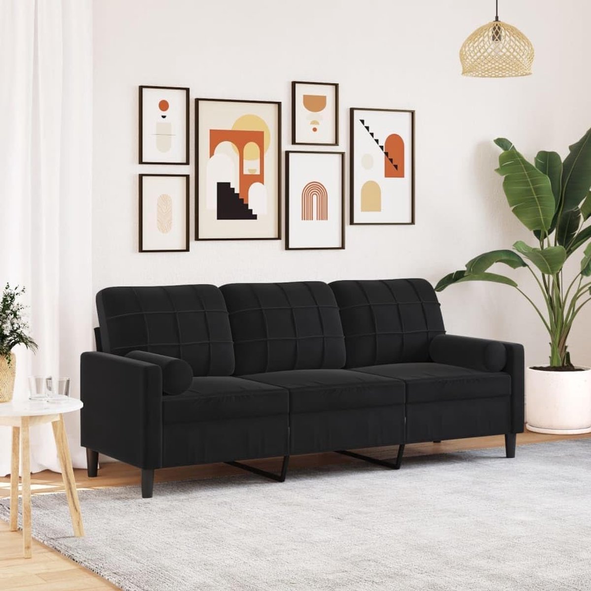3-zitsbank, 180 cm, fluweel, zwart, met sierkussen, zacht velours bekleding, metalen frame, comfortabele afneembare hoezen, moderne woonkamer, bank, duurzaam, stijlvol