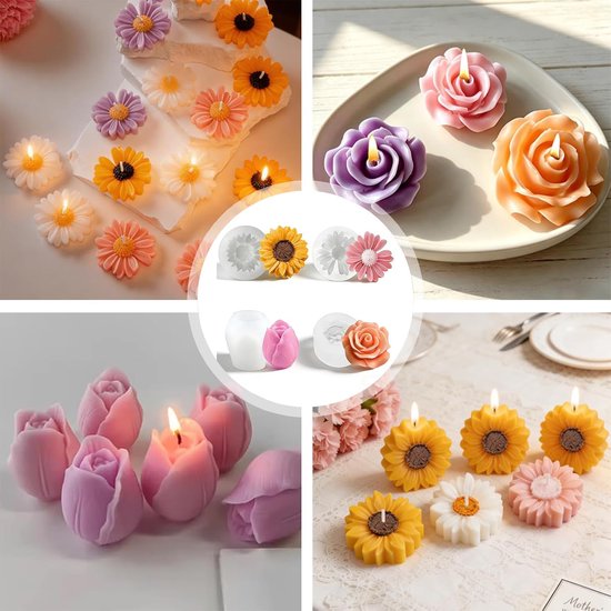 Mallen bloemen – 3D gietvormen voor rozen, zonnebloemen, anjers & tulpen, flexibele siliconen kaarsvormen voor DIY kaarsen, zeep, chocolade en hars — afbeelding 4