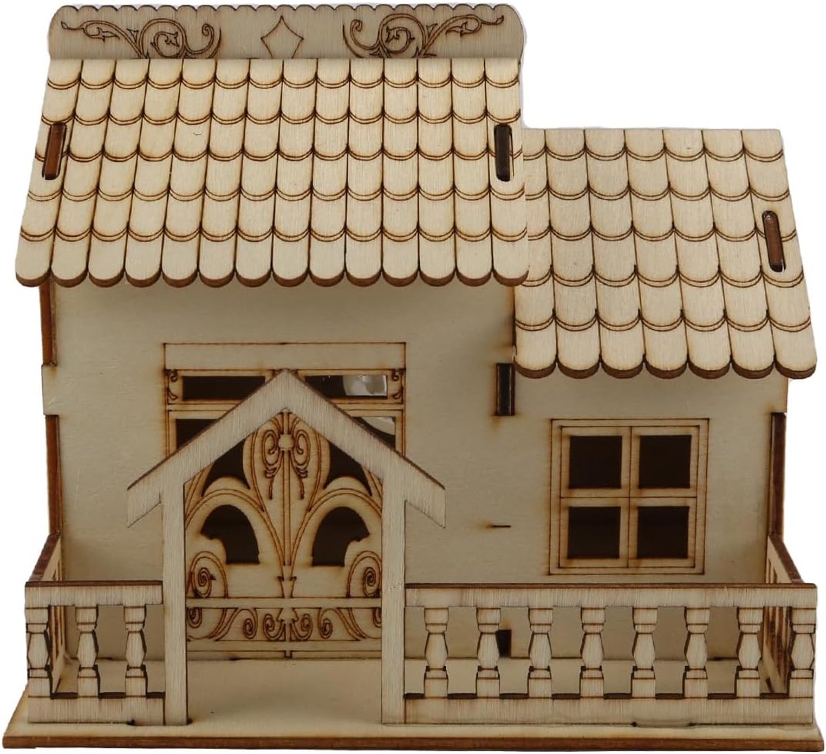 Spaarpot in de vorm van een houten villa met kleurveranderend LCD-licht - Onbreekbare spaarpot, miniatuurhuismodel van 15 x 14 x 13,2 cm, decoratieve opbergruimte voor thuiskantoor
