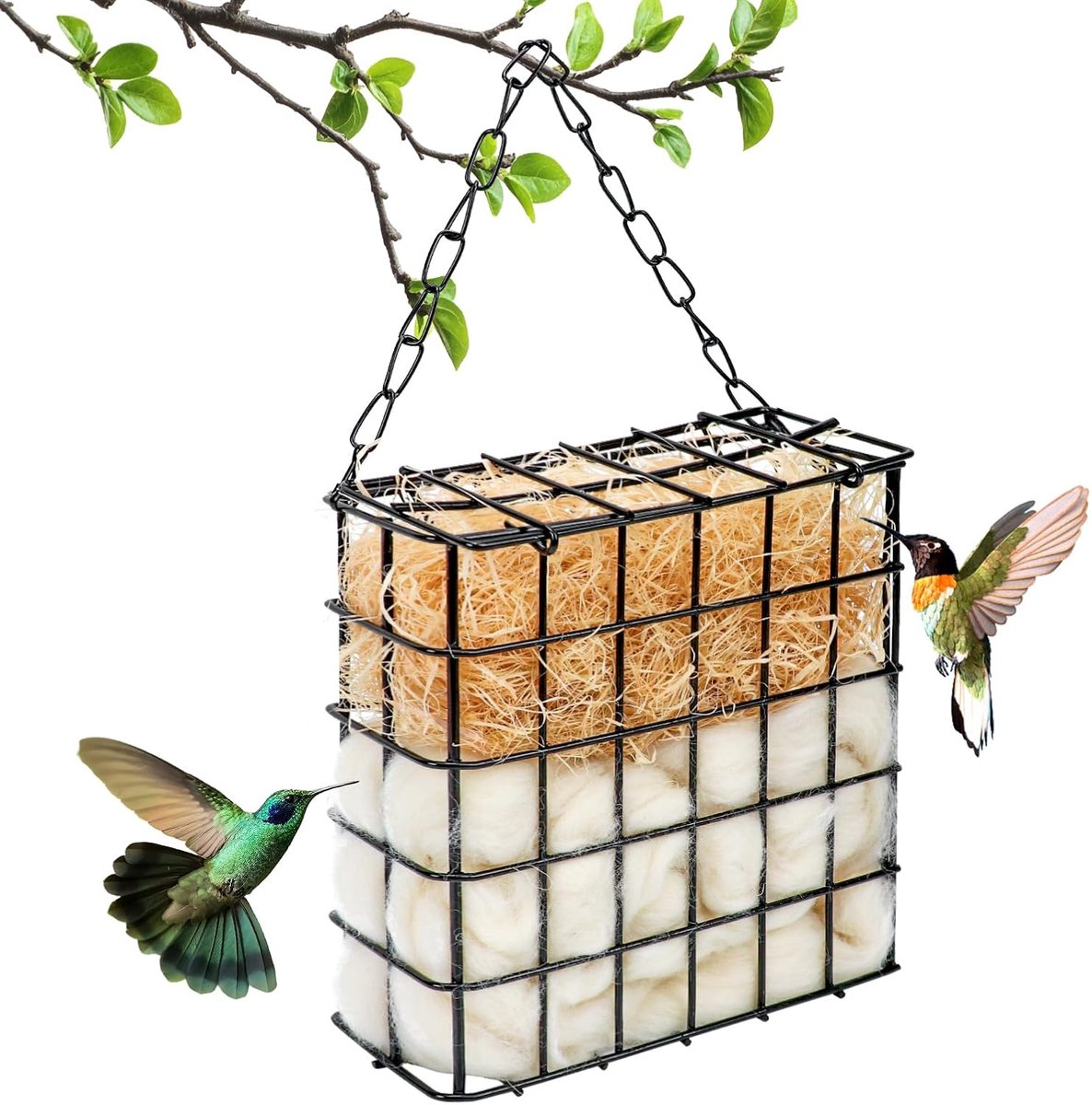 Vogelnestmateriaal, houderset, voederstation om op te hangen, voederdispenser, vogels, metaal, navulbaar, kooi, katoen, 25 g, houtwol, 30 g, voor buiten, veranda