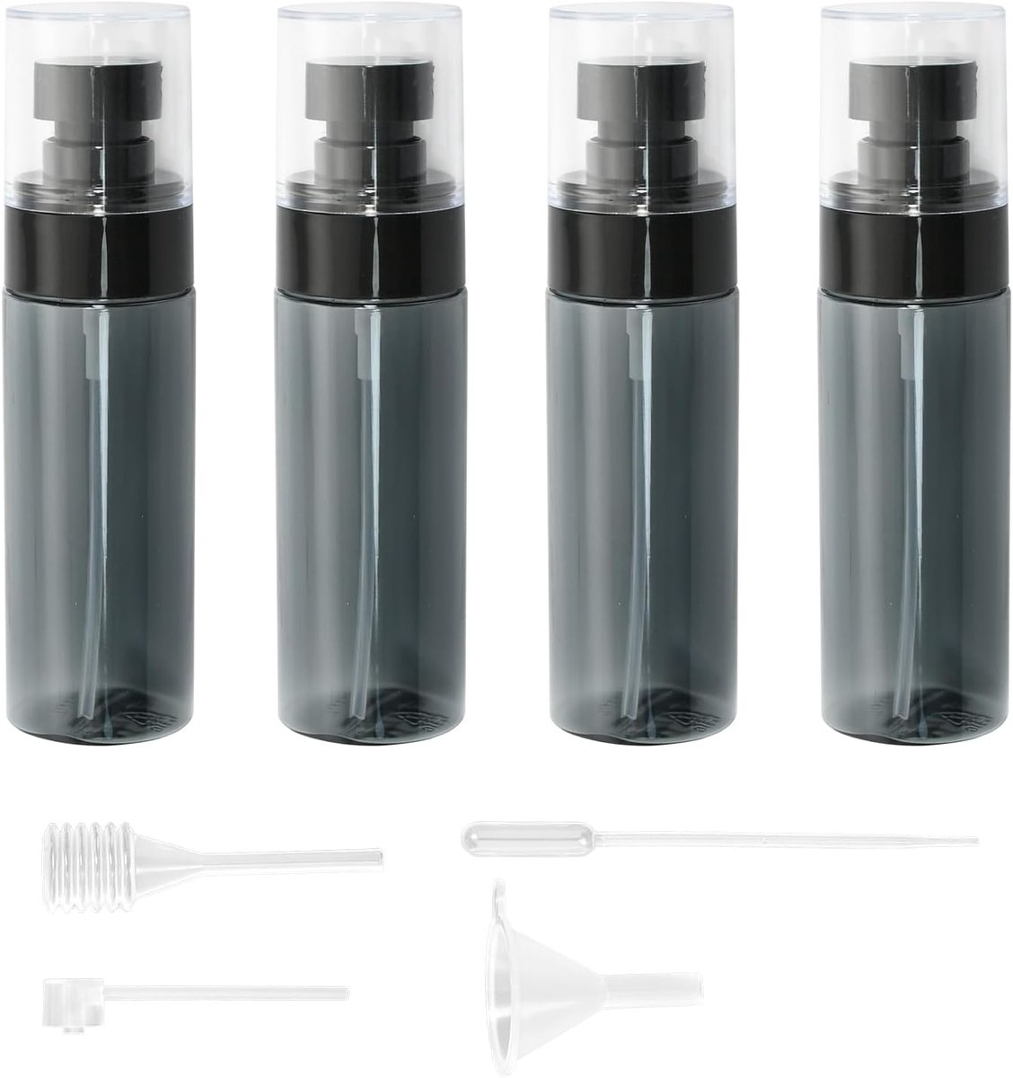 4 stuks 60 ml zwarte transparante fijne nevel navulbare spuitflessen voor alcohol en ontsmettingsmiddel, draagbare reisvriendelijke lege container met 4 stuks transferkit