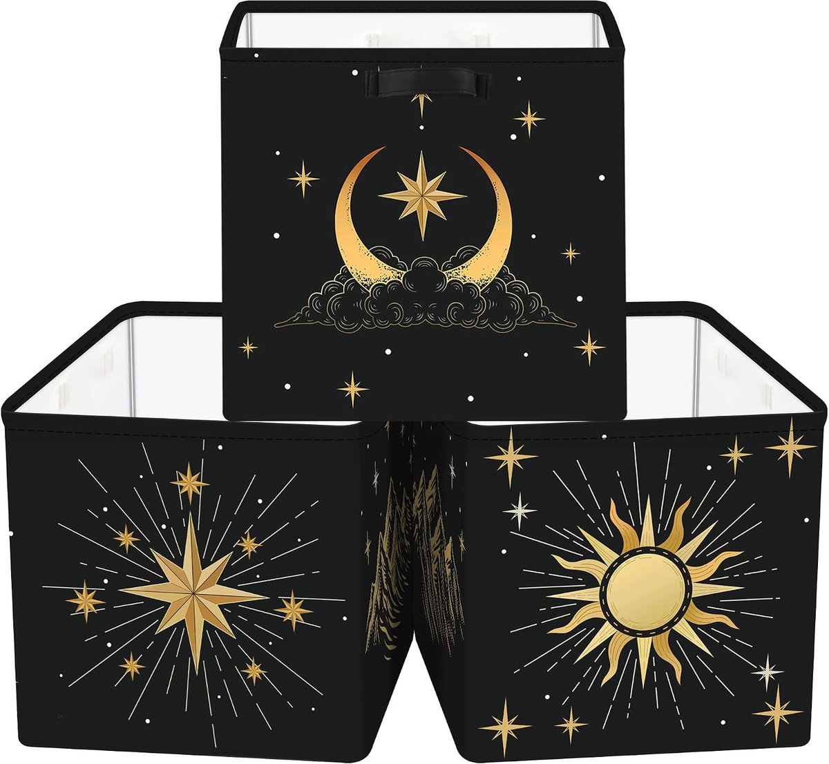 30 cm Opbergdoos 3 Stuks Zon Maan Hemel Opbergmand voor Kinderen Midden Eeuw Modern Opbergkubus met Handgrepen voor Slaapkamer Organizer voor Speelgoed Boeken Kleding,Zwart Goud