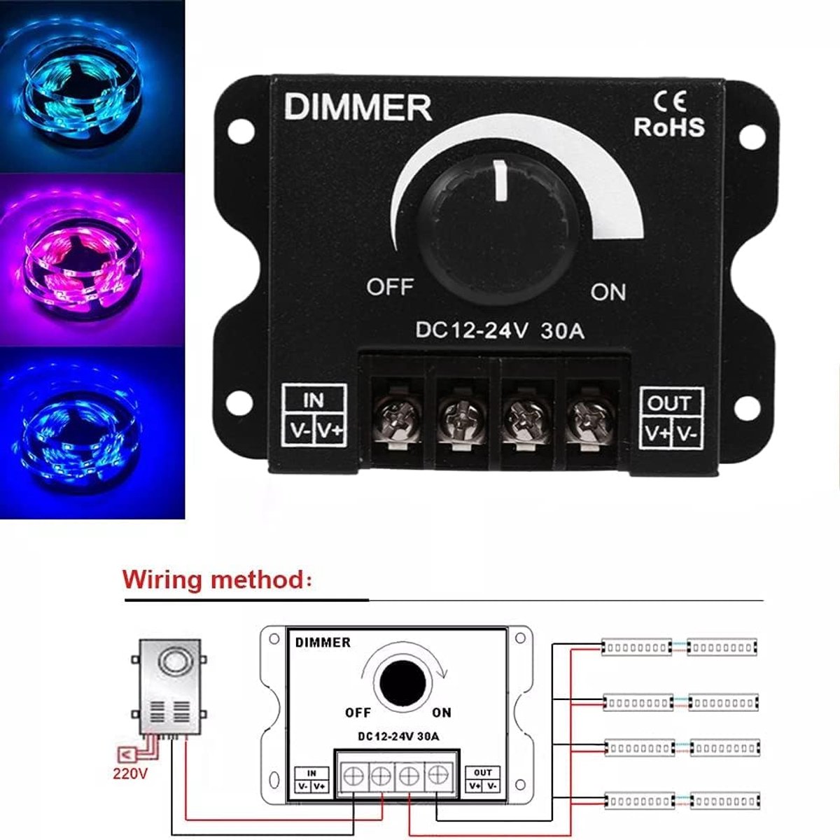 Switch Dimmer, DC 12V-24V 30A PWM Dimming Controller, instelbare helderheid Lichtschakelaar Dimmer Controller voor LED Strip Light