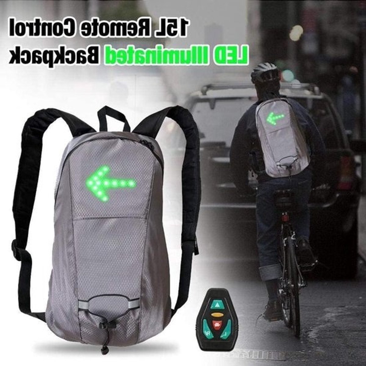 Fietsrugzak met LED - Veiligheidsrugzak Fietsaccessoire - Veilig Fietsen - Draadloze Afstandsbediening - 15 Liter - Geel/Grijs