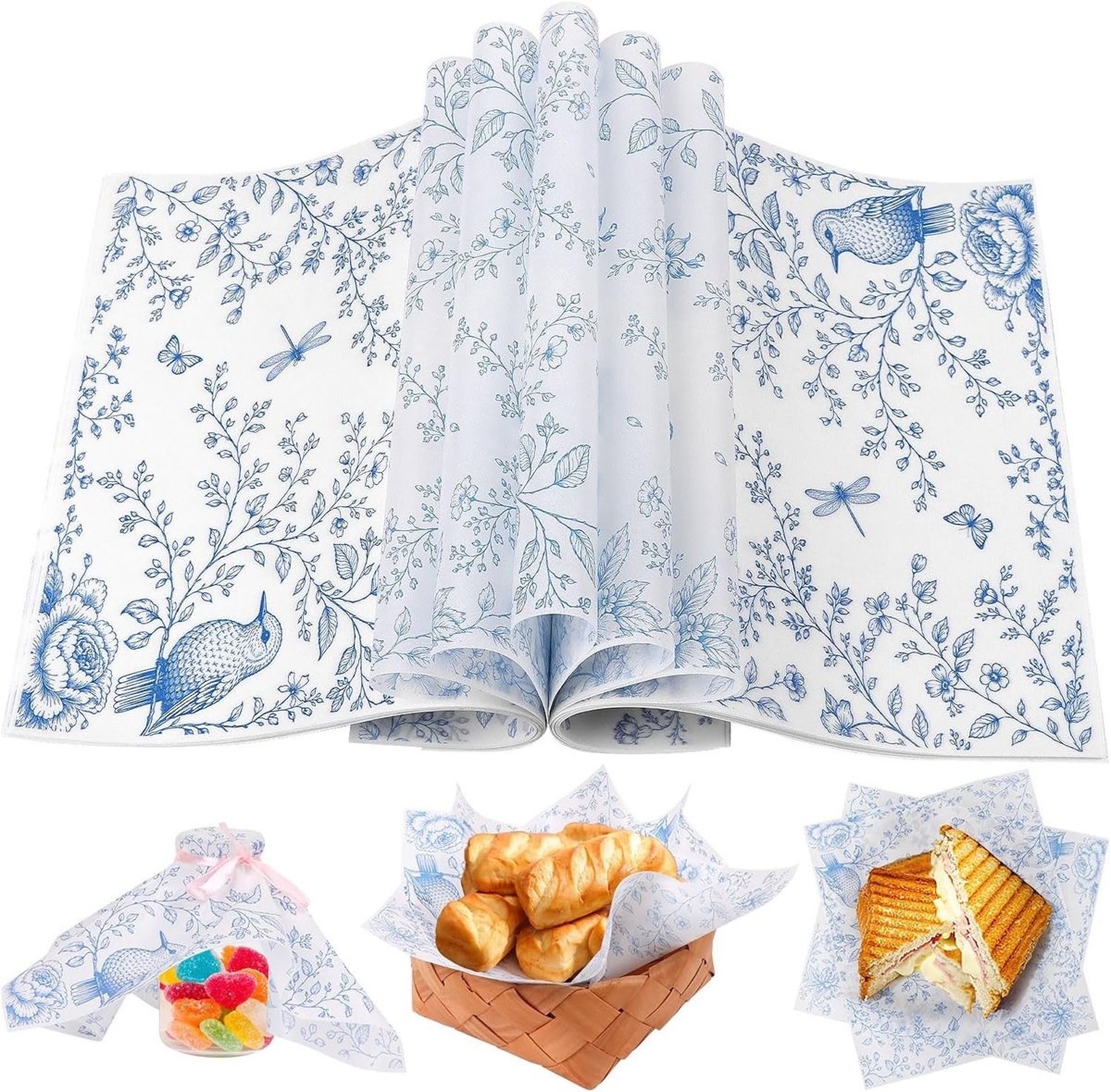 150 Vellen Blauwe Bloemen Waspapier voor Voedsel, Waterdicht Sandwichpapier en Bakkerij Verpakking