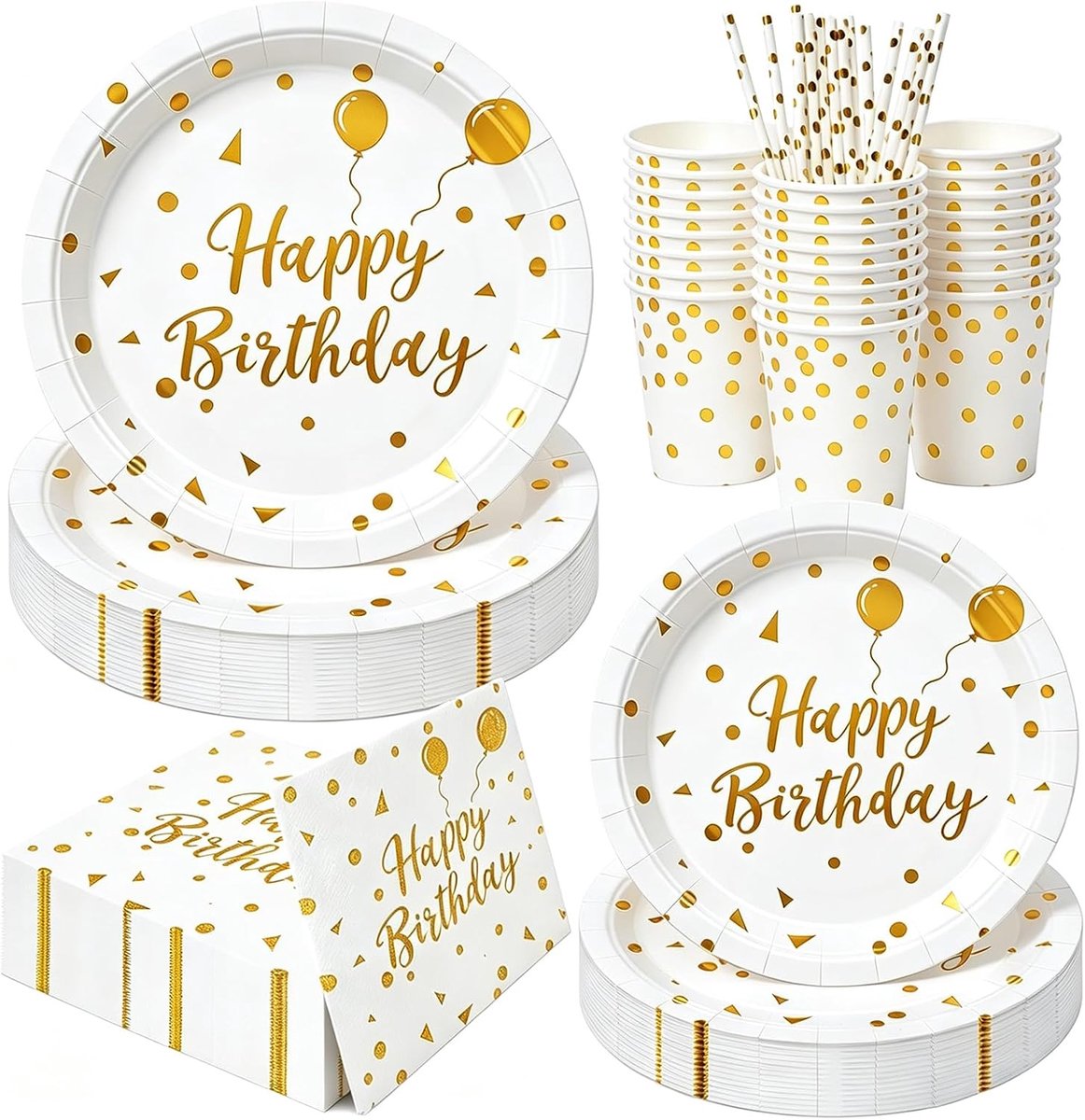 120 stuks wegwerpservies voor verjaardag, witgoud, servies met rietjes van papier en servetten, verjaardagsfeestjes, witgoud, voor meisjes en vrouwen, 24 gasten