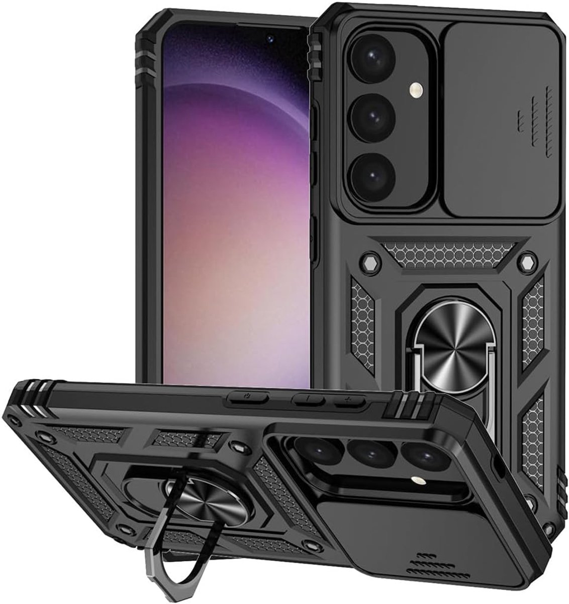 Casemania Hoesje Geschikt voor Samsung Galaxy S26 FE - Zwart - Anti-Shock Hybrid Armor Back Cover - Hoes met Kickstand Ring en Camera Bescherming