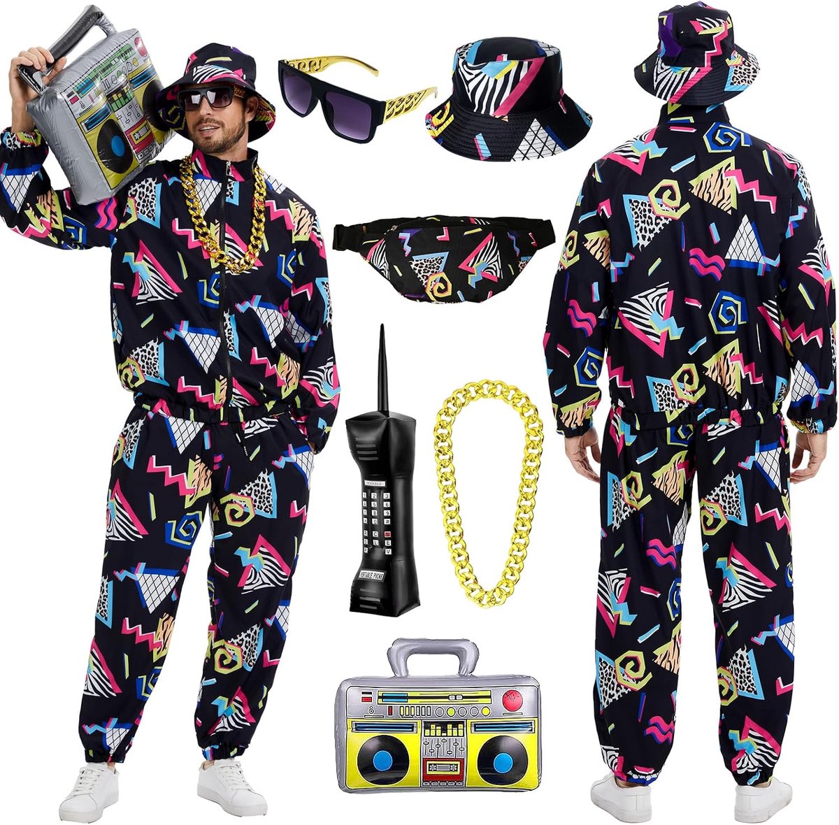 80 outfit voor heren, jaren 90 retro trainingspak voor heren, streetwear, hiphop, carnavalskostuum, jas en broek, carnavalskostuum, cosplay-kleding