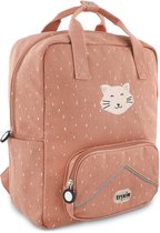 Roze Trixie rugzak met kattenopdruk, witte spikkels en ritsvakken.