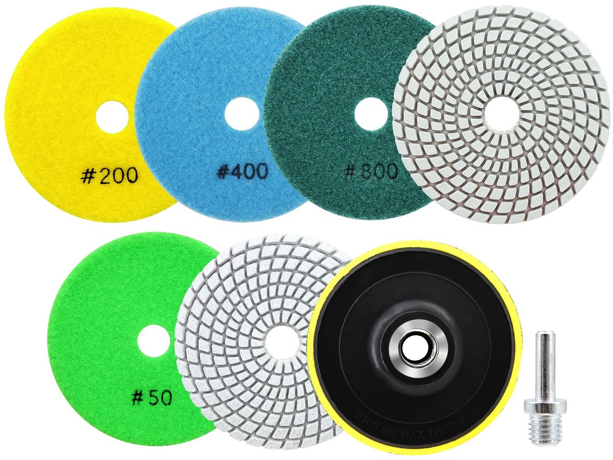 Diamant Polijstpads - 6 stuks - Korrel 50/100/200/400/800/1500 - Met M14 Steunschijf en Adapter - Voor Graniet, Marmer, Kunststeen en Kwarts - Ø 100 mm - Voor Haakse Slijper