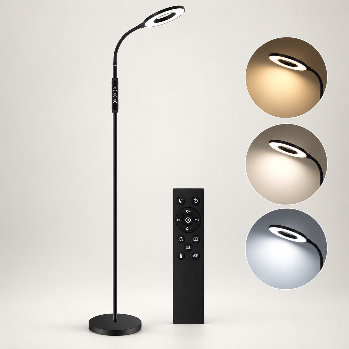 LOVHAUS Dimbare LED Vloerlamp 12W - 3 Lichtkleuren - Met Afstandsbediening - 360° Flexibele Leeslamp