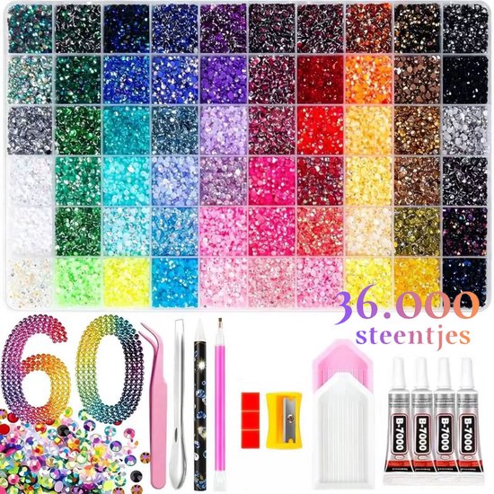 Set van 36.000 steentjes in 60 kleuren, met accessoires zoals pincetten, een pen, lijm en een puntenslijper.